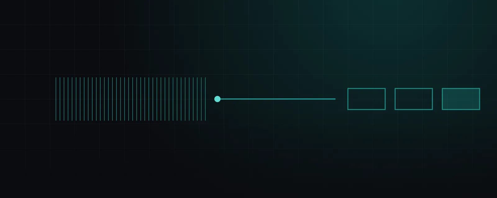 On a dark grid, a dense band of thin teal vertical strokes; out of it a dot begins a single flat horizontal line, and to the right stand three rectangles in a row — two outlined, the last one filled.