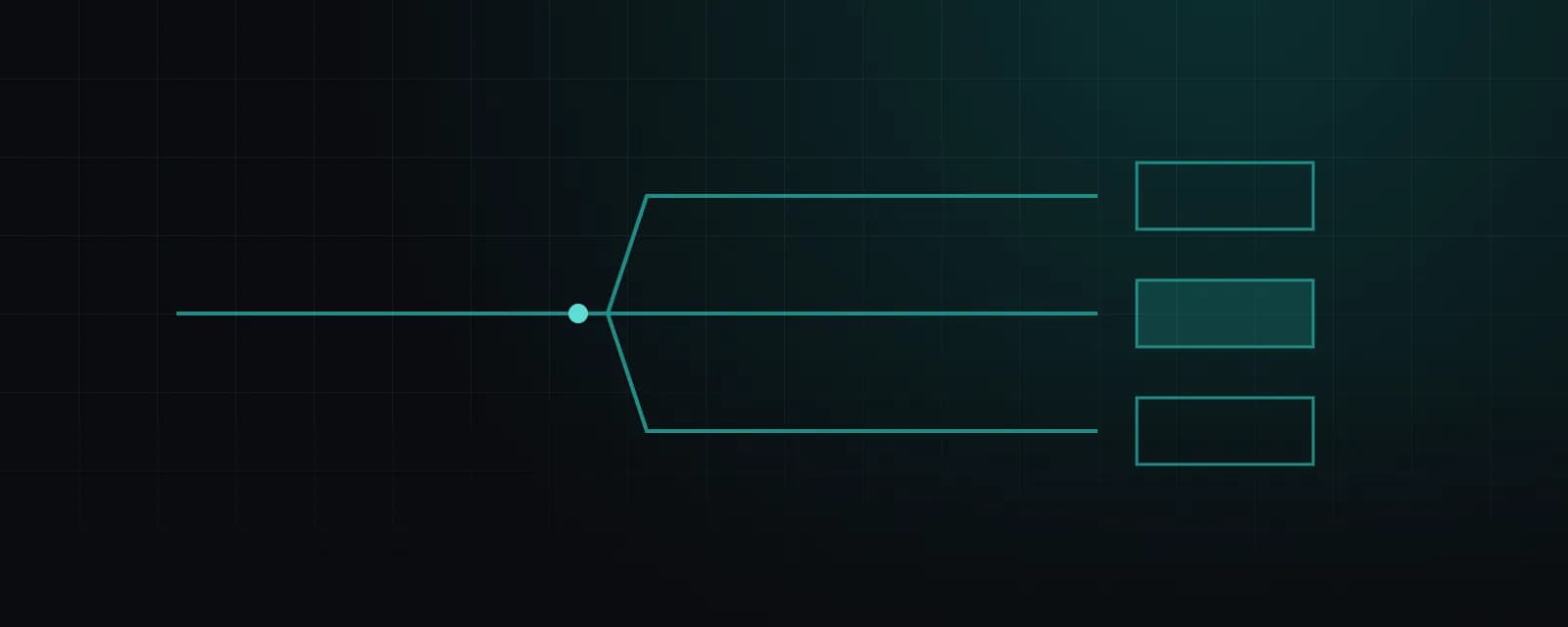 A single teal line on a dark grid runs in from the left to a bright dot, then branches into three lines leading to three boxes stacked one above the other; the middle box is filled, the top and bottom ones are outlines.