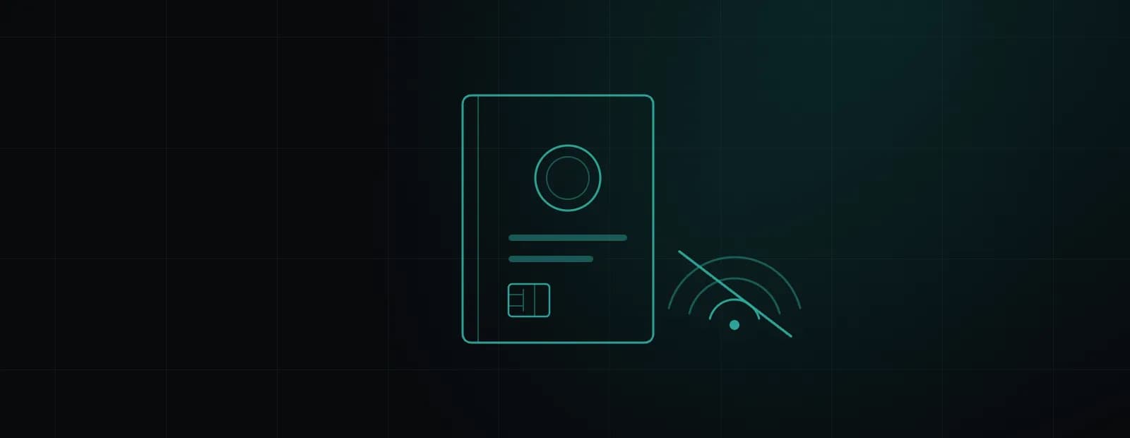 A teal line drawing of a passport booklet on a dark grid: a circular emblem near the top, two lines of text below it and a small chip rectangle in the lower corner; to its right, a signal arc struck through by a diagonal slash.