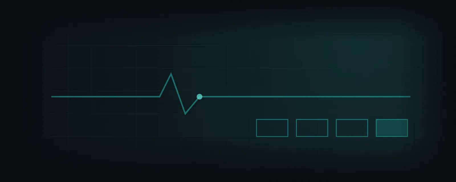 A teal system-health line on a dark grid: one sharp spike, then a flat, unbroken line; below it four outlined boxes in a row, the last one filled.