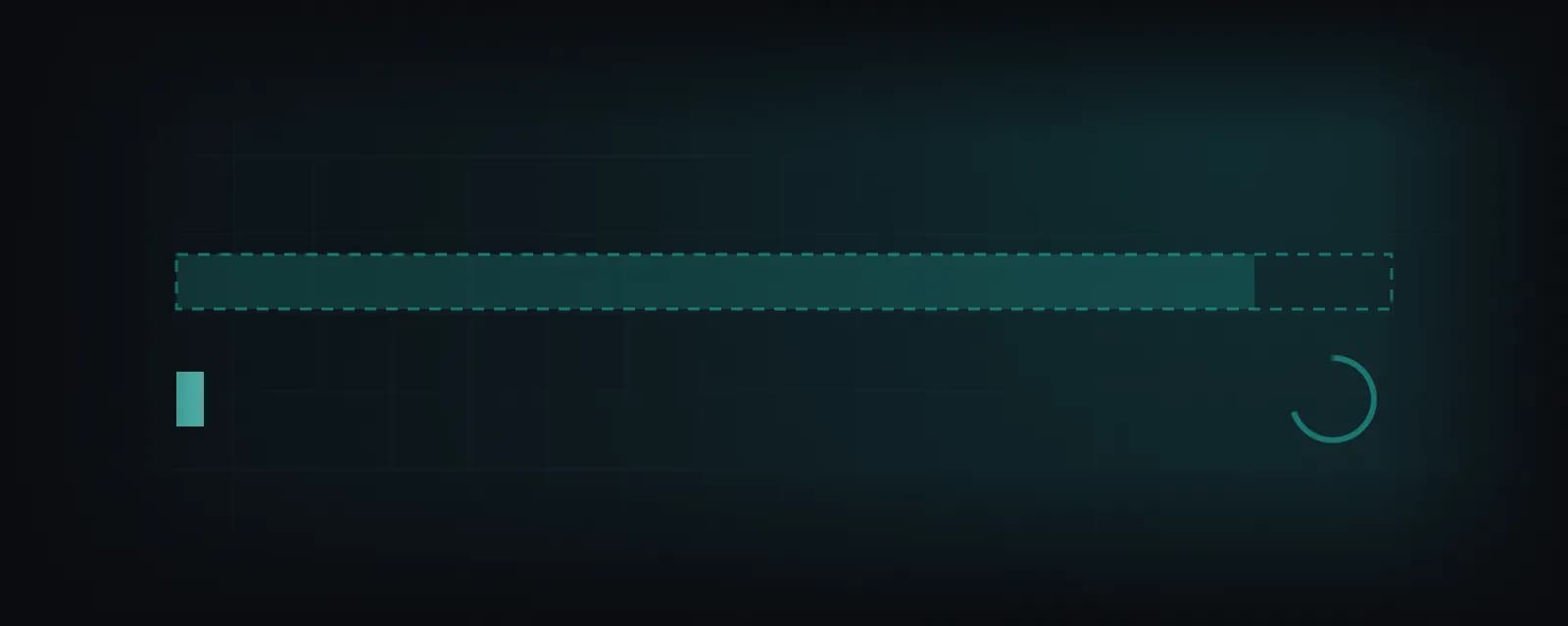 A dark grid with a long teal progress bar that is almost full, a small block on the left and a loading spinner on the right.