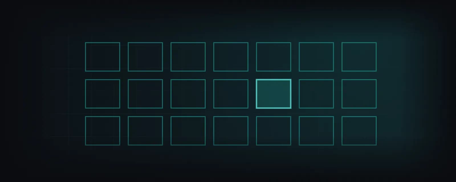 A grid of twenty-one empty teal cells in three rows on a dark ground; one cell in the middle is filled and brighter than the rest.