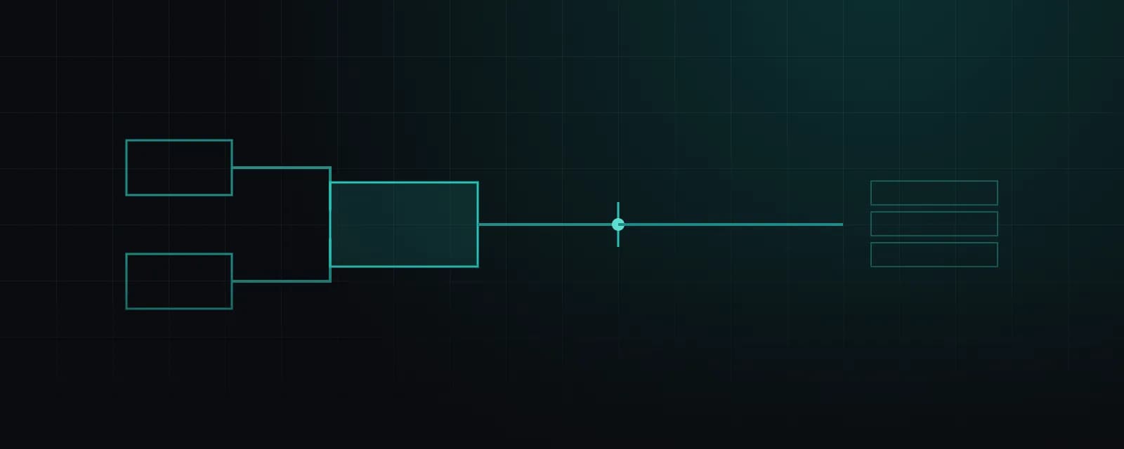 A teal line drawing on a dark grid: two outlined boxes on the left merge into one larger, faintly filled box; from it a single horizontal line runs right, passes through a small dot with a crosshair, and ends at three narrow bars stacked on top of one another.