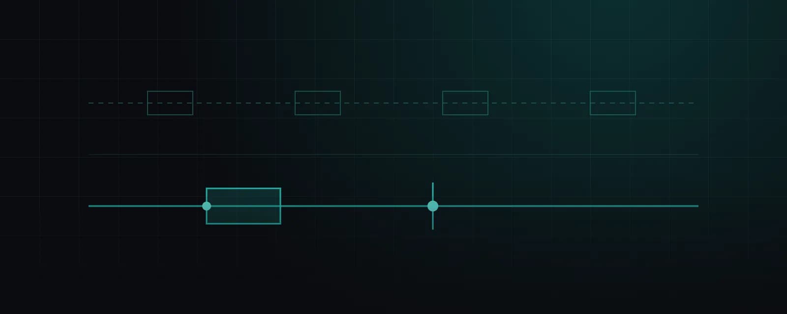 Two horizontal teal lines on a dark grid: the upper one dashed, with four empty outlined rectangles strung along it; the lower one solid, carrying a single filled rectangle, two small dots and one short vertical tick.